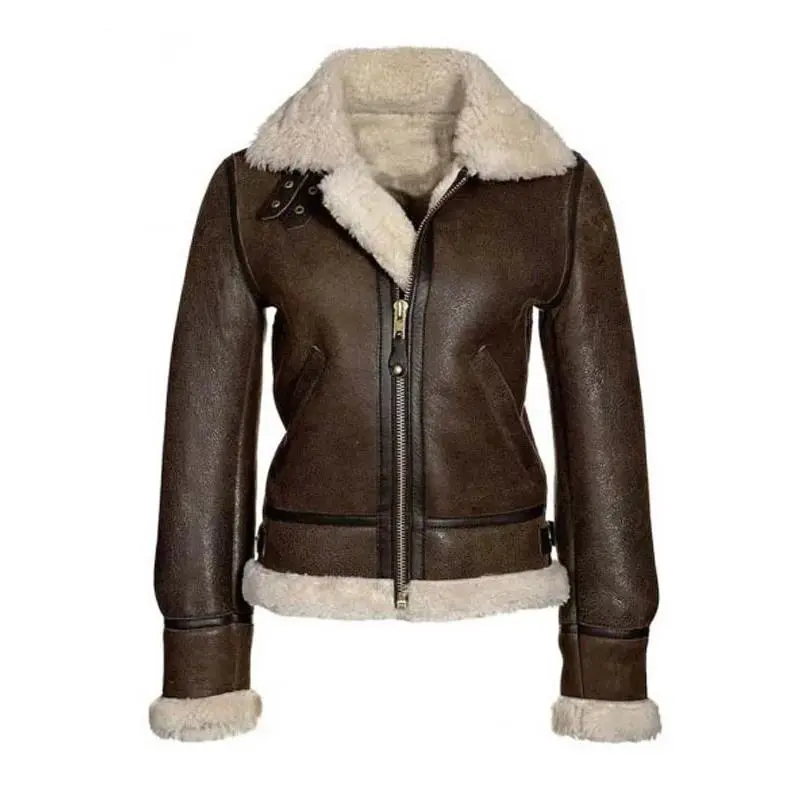 Chocolate Brown Fur Leather Aviator Jacket Women