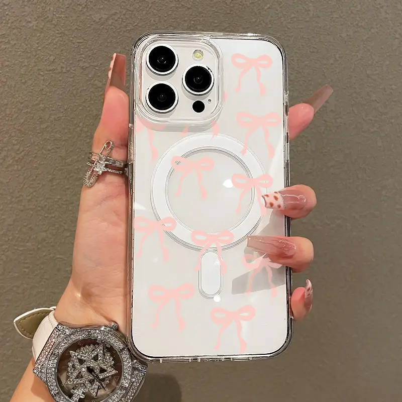 Magnetic Soft Case for iPhone11/12/13/14/15/16/17/promax, cute Pink bow pattern MagSafe Compatible,Springtok Aesthetic Pattern Design Lightweight,y2k cased,AntiScratch,and Trendy Protector Screen Protector Resistance Protection Cover Protective