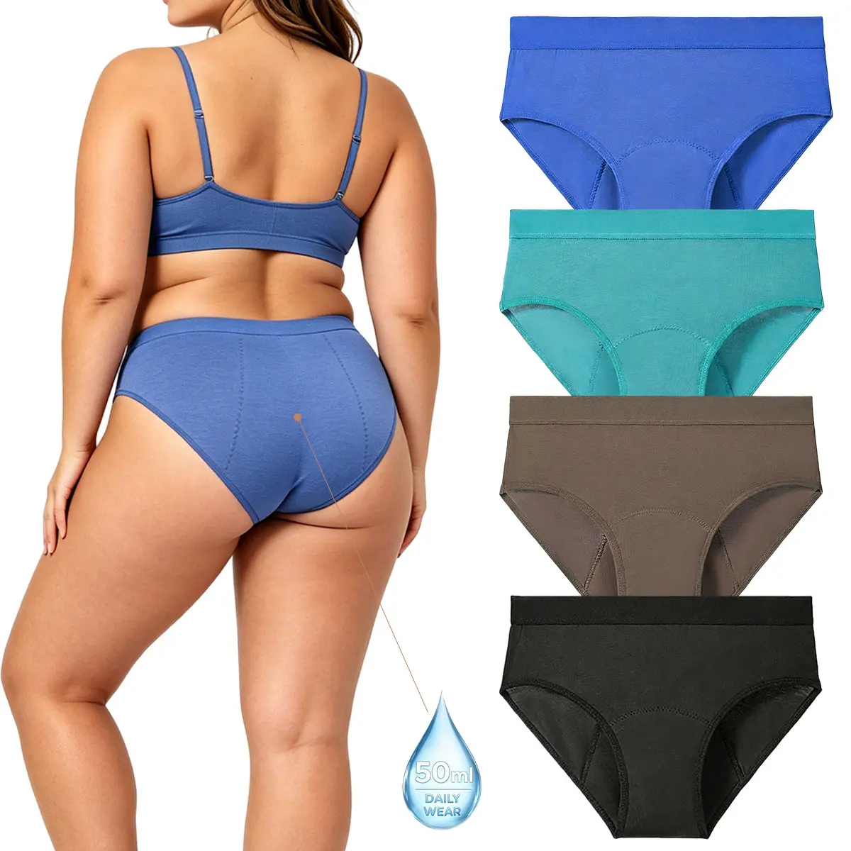 AONOX Women's Plus Size Soft Stretch Period Underwear - 2-Piece Reusable Bamboo Viscose, Waterproof Leakproof Basic Fitted Intimates for Heavy Flows Leakproof Protection, Sleeping, Soft Stretch Panties, Soft Comfy Underwear
