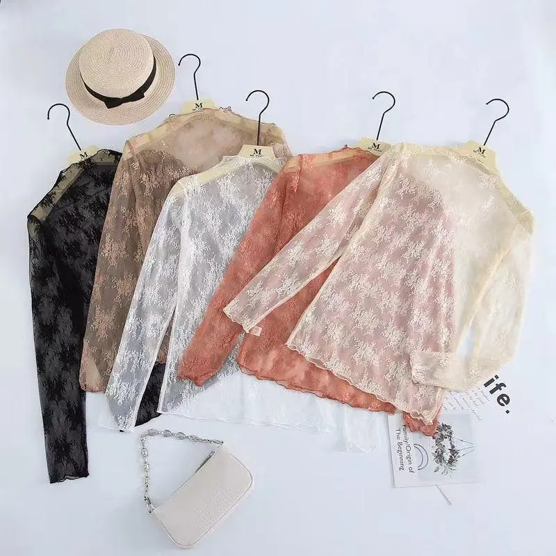Women Half High Collar Mesh Bottomed Blouse T-shirt Lace Ear Edge Spring and Autumn  Hollow Long Sleeve Lace Top Lace base shirt, women's tight fitting long sleeved mesh top, sexy inner layer small shirt