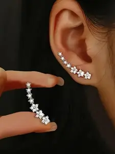 【Ear Climber Earrings】1 Pair Women's Sparkling Star Earrings - Bling Bling French Style -Plated Synthetic Zirconia Starburst Studs, Bling Bling for Daily Wear & Mardi Gras, Year-Round Elegant (French Style for -)