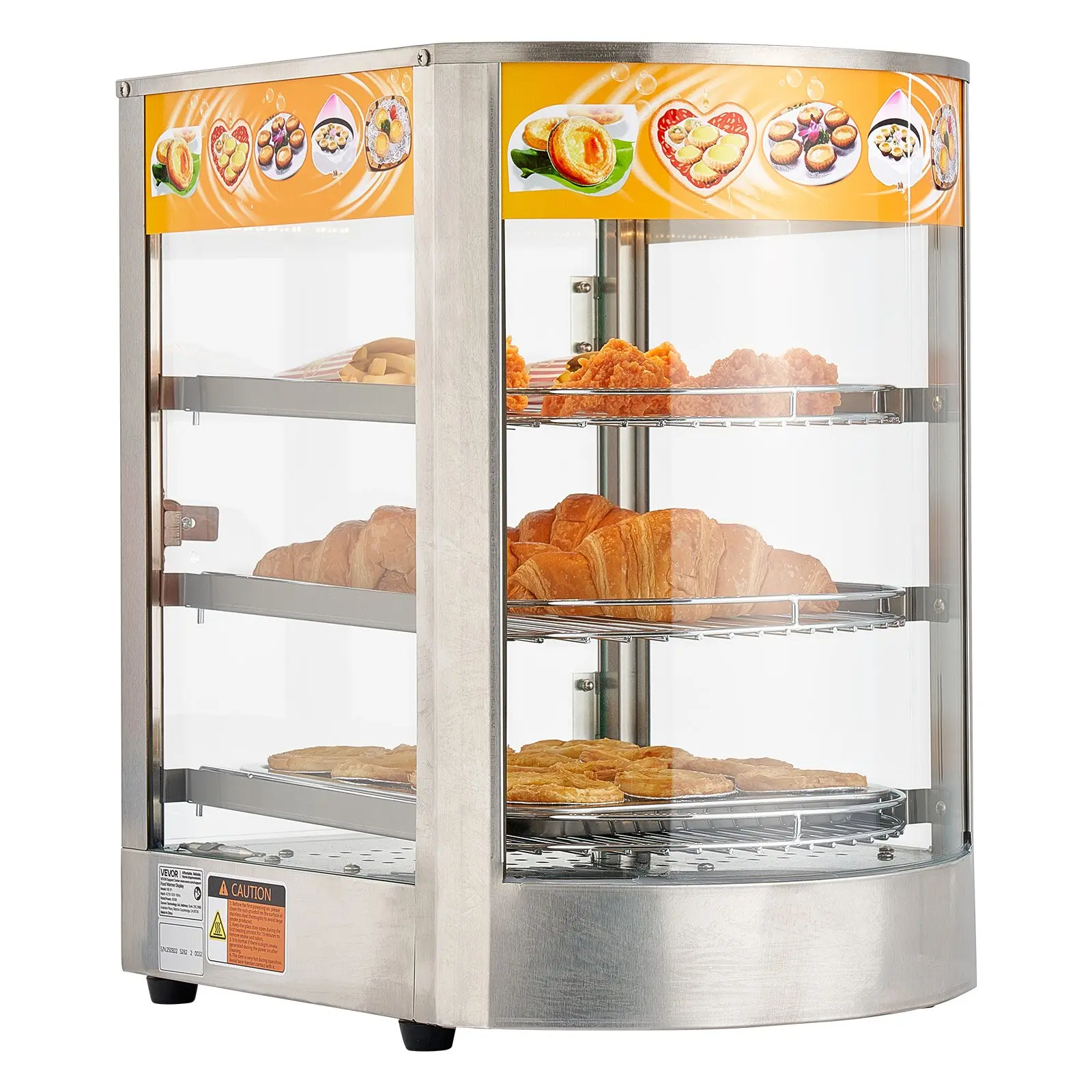 VEVOR 3-Tier Commercial Food Warmer Display, 800W 60L Air Heating Unit with LED Light, Adjustable Shelf, Durable Stainless Steel Frame, 86℉-185℉ Temp Range, 13.78 * 17.52 * 20.47 In, for Bakers, Fast-Food Shop Owners
