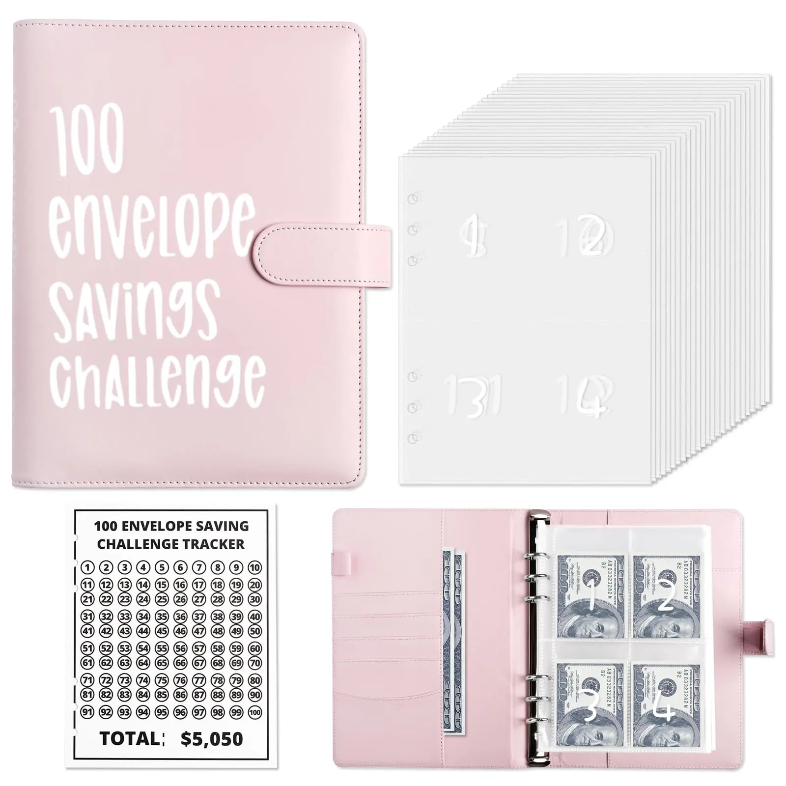 Money Saver Budget Binder Book with Pouches, 100 Envelope Challenge Binder with Numbers, A5 Money Budget Envelopes for Cash Saving $5,050 Pink