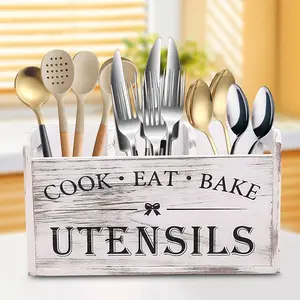 Large Wooden Utensil Holder, Rustic Farmhouse Kitchen Counter Organizer with 3 Compartments for Cooking Utensils#fathersdaygift