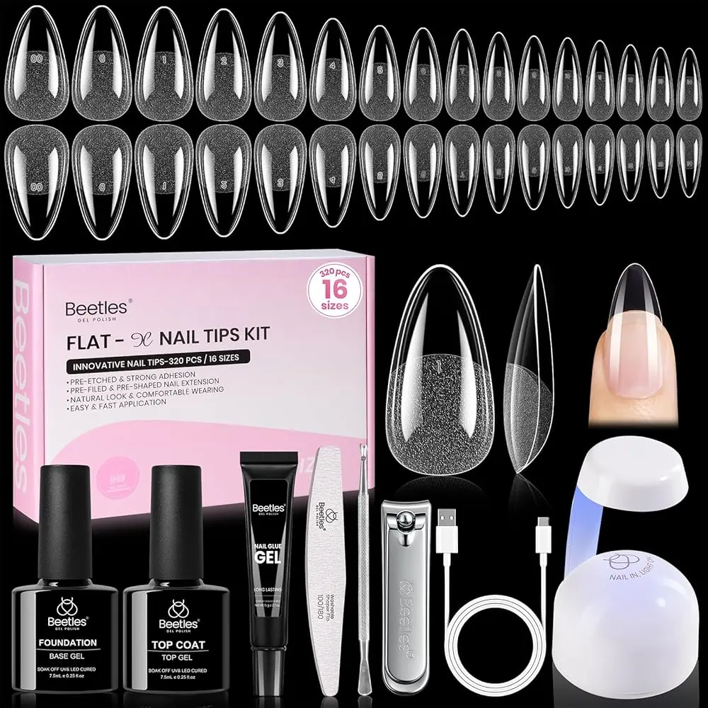 Beetles Curve-Ex & Flat-X Extension Nail Tips Kit, Almond Coffin Square Shape Half Matte Acrylic False Nail Tips, Gel X Press On Nails for DIY Nail Art, Home Salon Manicure Gift for Women Girls, Summer Vacation Nails #SummerVibes