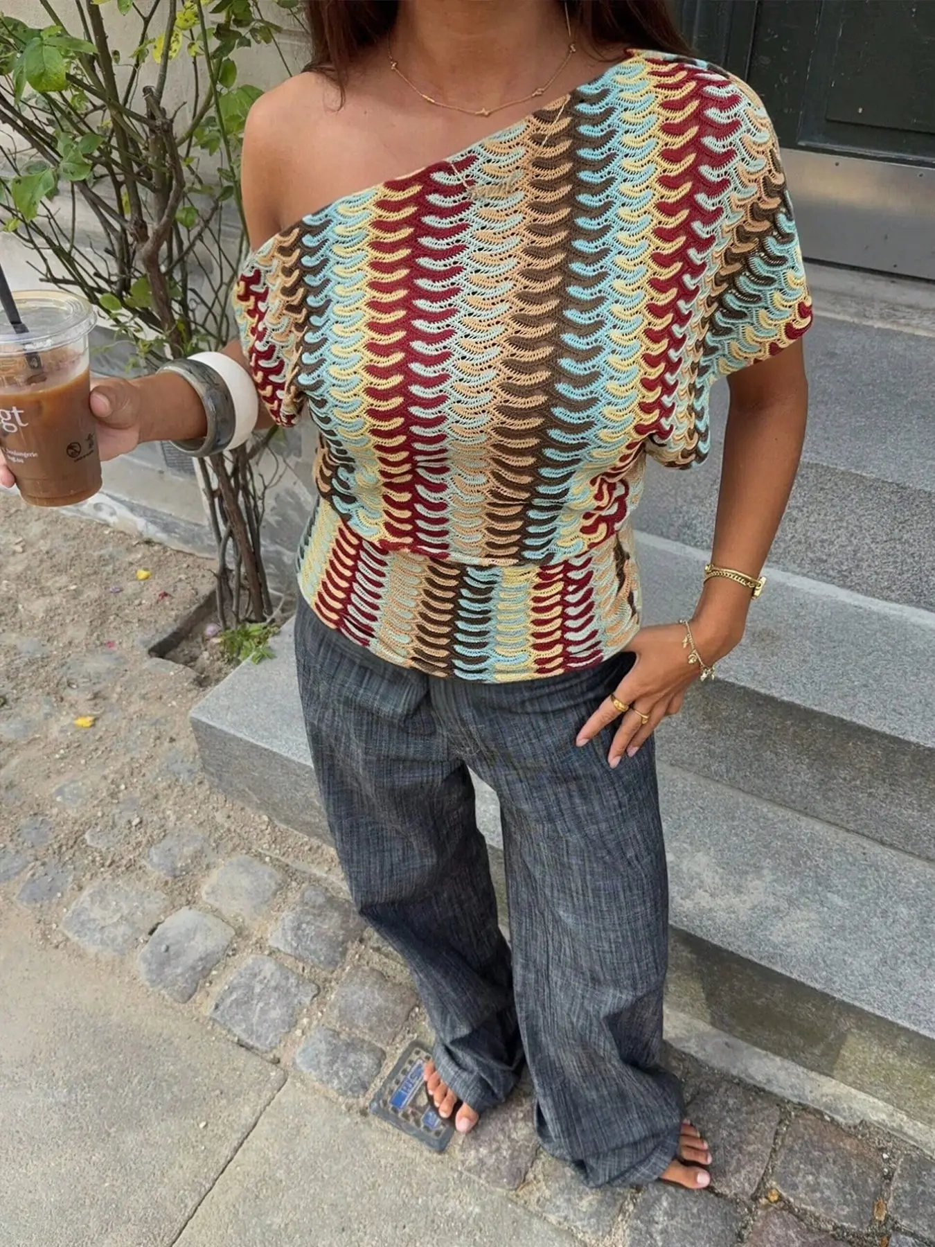 Vintage American Style Color Block Knit Top, Off-Shoulder Short Sleeve Pullover, Floral Crochet Design, Women's Fashion Apparel, Womenswear, Casual, Aesthetic Casual Knitwear