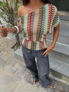 Vintage American Style Color Block Knit Top, Off-Shoulder Short Sleeve Pullover, Floral Crochet Design, Women's Fashion Apparel