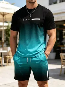 Men's Gradient T-Shirt and Shorts Set, Round Neck Short Sleeve Top with Drawstring Pockets, Casual Classic Fashion for Summer Outdoor Wear