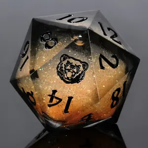 Liquid Core Resin Dice Set Blazing Bear Laser Engraved Icon Orange Flow Polyhedral DND Dice Durable High-Quality Resin Lava Gold Core 7-Piece Set for RPG Games