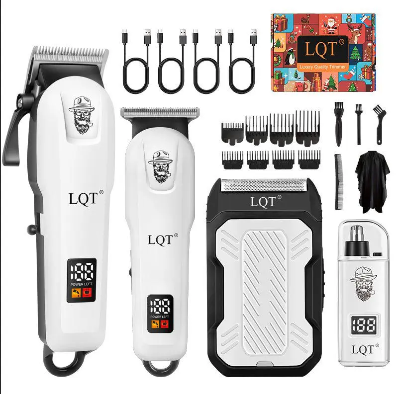 LQT All-in-One Men’s Grooming Kit - Cordless Hair Clippers, Trimmer, Shaver & Nose Hair Trimmer, Rechargeable with LED Display, White Barber Design, Perfect for Home & Salon Use
