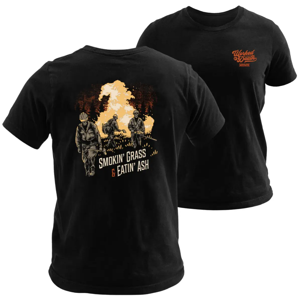 Women's Graphic T-Shirt, Retro Wildland Firefighter Hotshot Design, Soft Cotton Blend Short Sleeve Outdoors Top with Rib Collar, Shortsleeve, Statement, Fit, Polyester, Smokin' Grass & Eatin' Ash Slogan, Retro Wildland Firefighter Graphic