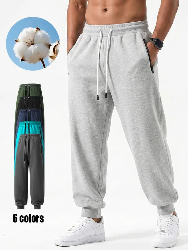 Men’s Wide-Leg Drawstring Elastic Waist Jogger Sweatpants - 50/50 Cotton Blend, Loose Fit, Breathable, Ribbed Cuffs, Zip Pockets, Warm Winter Casual, Unisex Plus Sizes for Workouts, Street Style Athletes, Athletic Wear, Full Length, Mid Waist, Sporty Chic