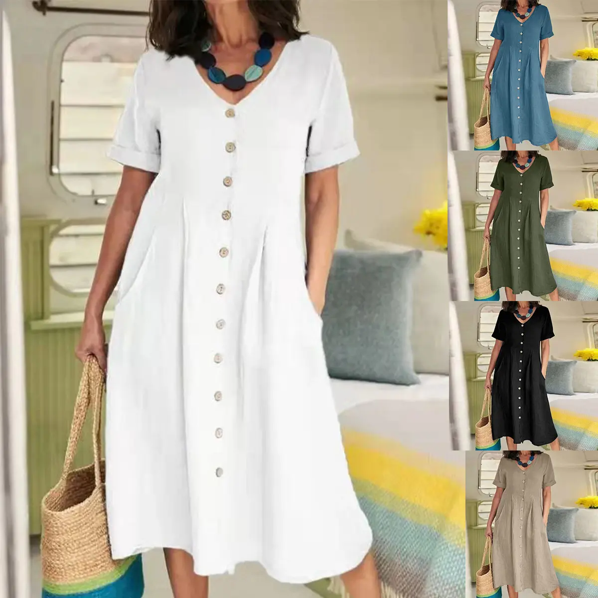 Women's Modest Muslim Linen Tunic Dress with Long High-Waist Solid-Color Skirt - Short-Sleeve, Loose, Breathable, Ocean-Style Minimalist Street Summer Casual Wear for Hijabi Fashion, Modesty