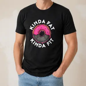 "Kinda Fat Kinda Fit" Funny Doughnut Graphic T-Shirt Unisex - Gym Workout Statement Top - Humorous Fitness Aesthetic Apparel - Soft Breathable Comfort Cotton Graphic Shirt - Unique Professional Detail Crew Neck Tee