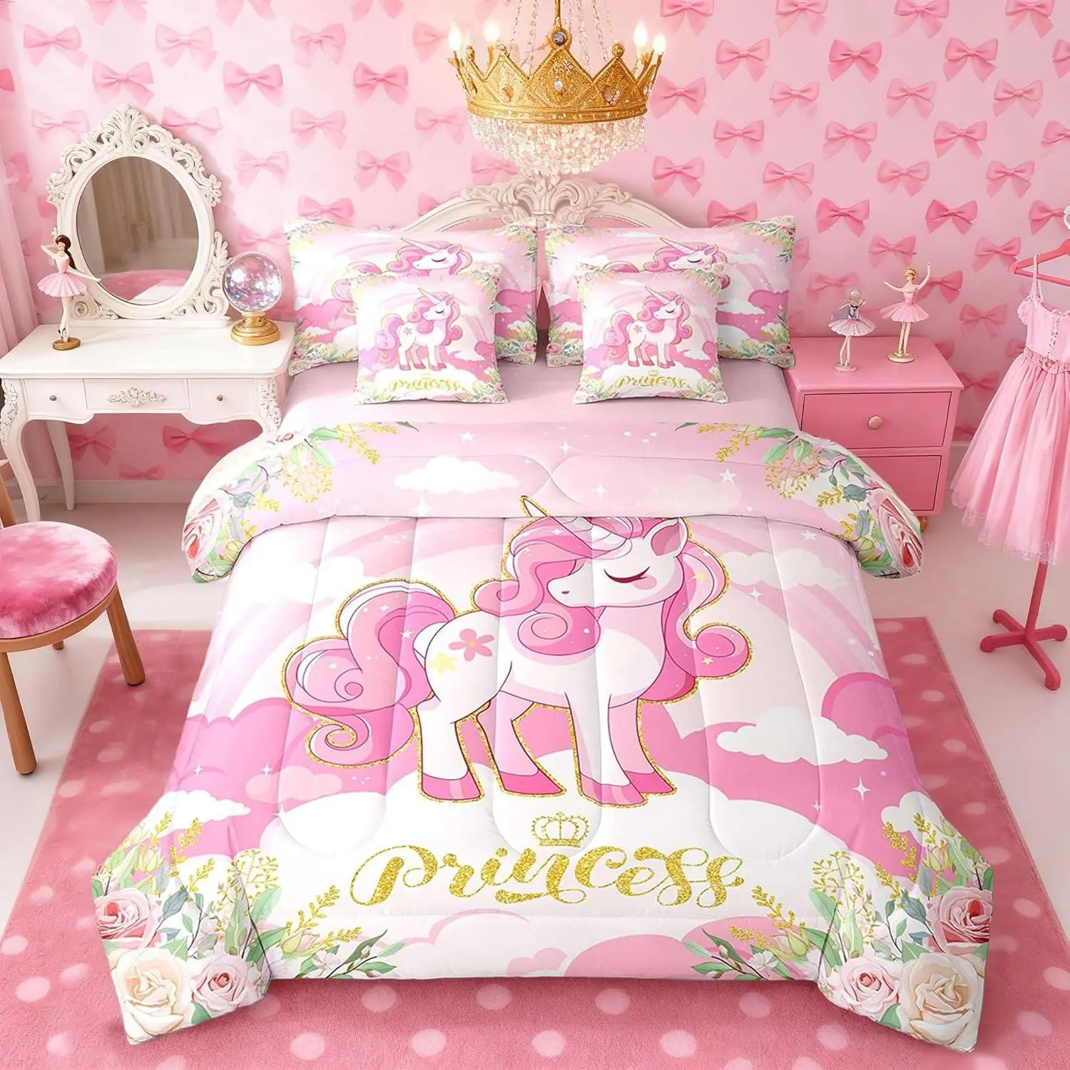 Lovely Unicorn Comforter Set,Bed in a Bag 7 Pieces,Pink Girly Princess Animals Bedding Set,Watercolor Blooming Flowers (Comforter+Fitted+Flat Sheet+2 Pillowcases+2 Throw Pillow Covers)