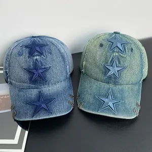 Washed Blue Denim Baseball Cap Vintage Ripped Star Hat Unisex Couple Headwear