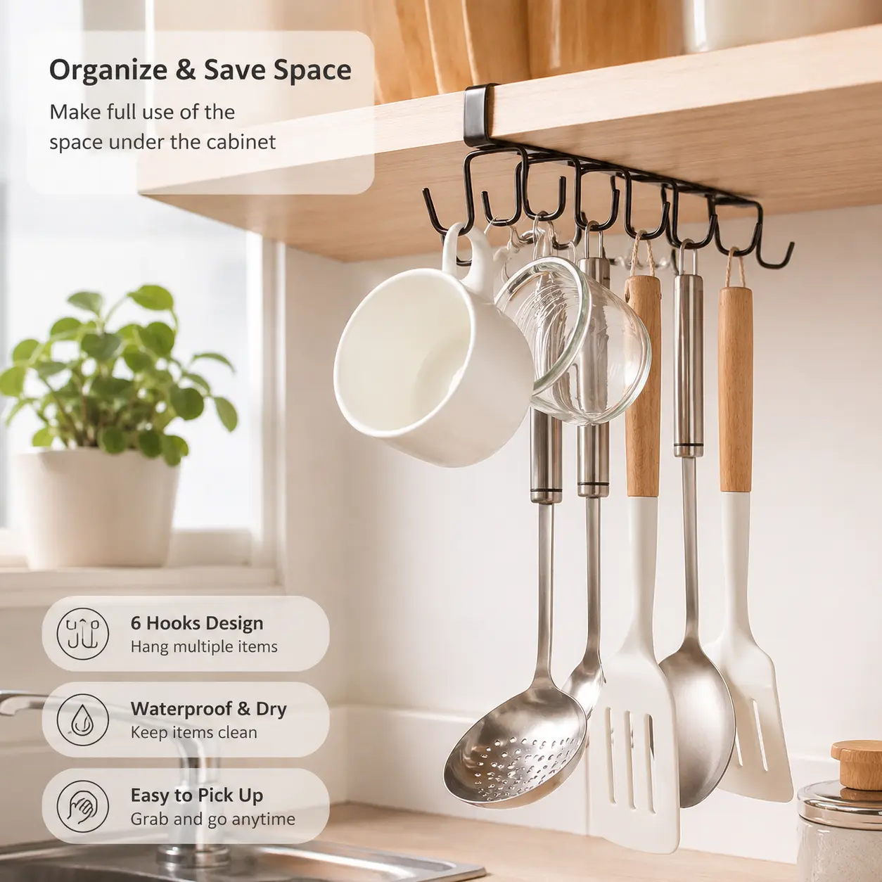 Iron Under Cabinet Hanging Rack Hanger - Heavy-Duty No-Punching Organiser with Curved Double Hooks, Slide-Ready Kitchen Storage for Utensils & Mugs, Space-Saving Hangers for Household Items Organiser & Room Organizer, Solid Iron, Slip-On Install