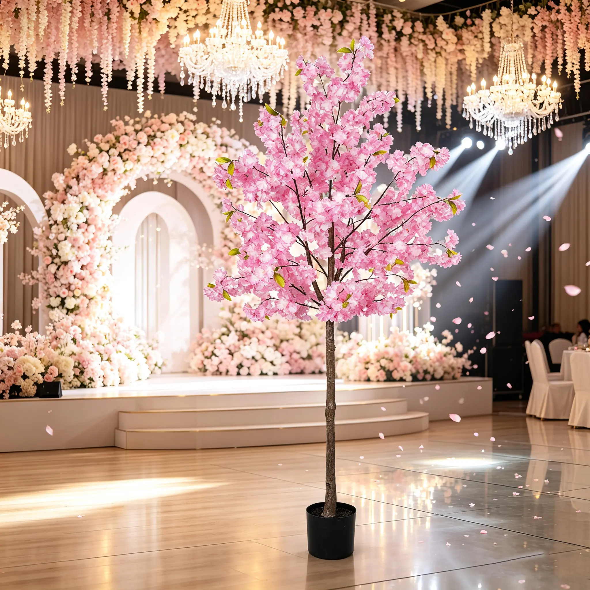 5FT Artificial Pink Cherry Blossom Tree, 63 Inch Faux Sakura Tree with Realistic Dense Silk Flowers, Potted Fake Flower Tree for Indoor Decor, Living Room, Entryway, Bedroom, Office, Wedding, Party & Home Front Porch Decorations