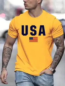 Men's USA Flag Print Round Neck Tee, Menswear, Regular Fit Casual Short Sleeve Crew Neck Fitted T-Shirt Breathable for Daily Wear, Top, Men's Sleepwear & Loungewear for All Seasons