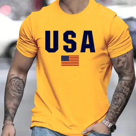 Men's USA Flag Print Round Neck Tee, Menswear, Regular Fit Casual Short Sleeve Crew Neck Fitted T-Shirt Breathable for Daily Wear, Top, Men's Sleepwear & Loungewear for All Seasons, Casual Printed