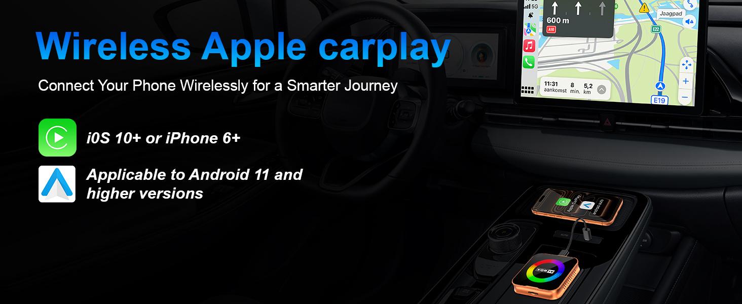 3-in-1 Wireless CarPlay Adapter & Android Auto Wireless Adapter, Plug & Play, Easy Setup, Supports Netflix, YouTube, TF Card, and More for Cars with OEM Wired CarPlay/Android Auto