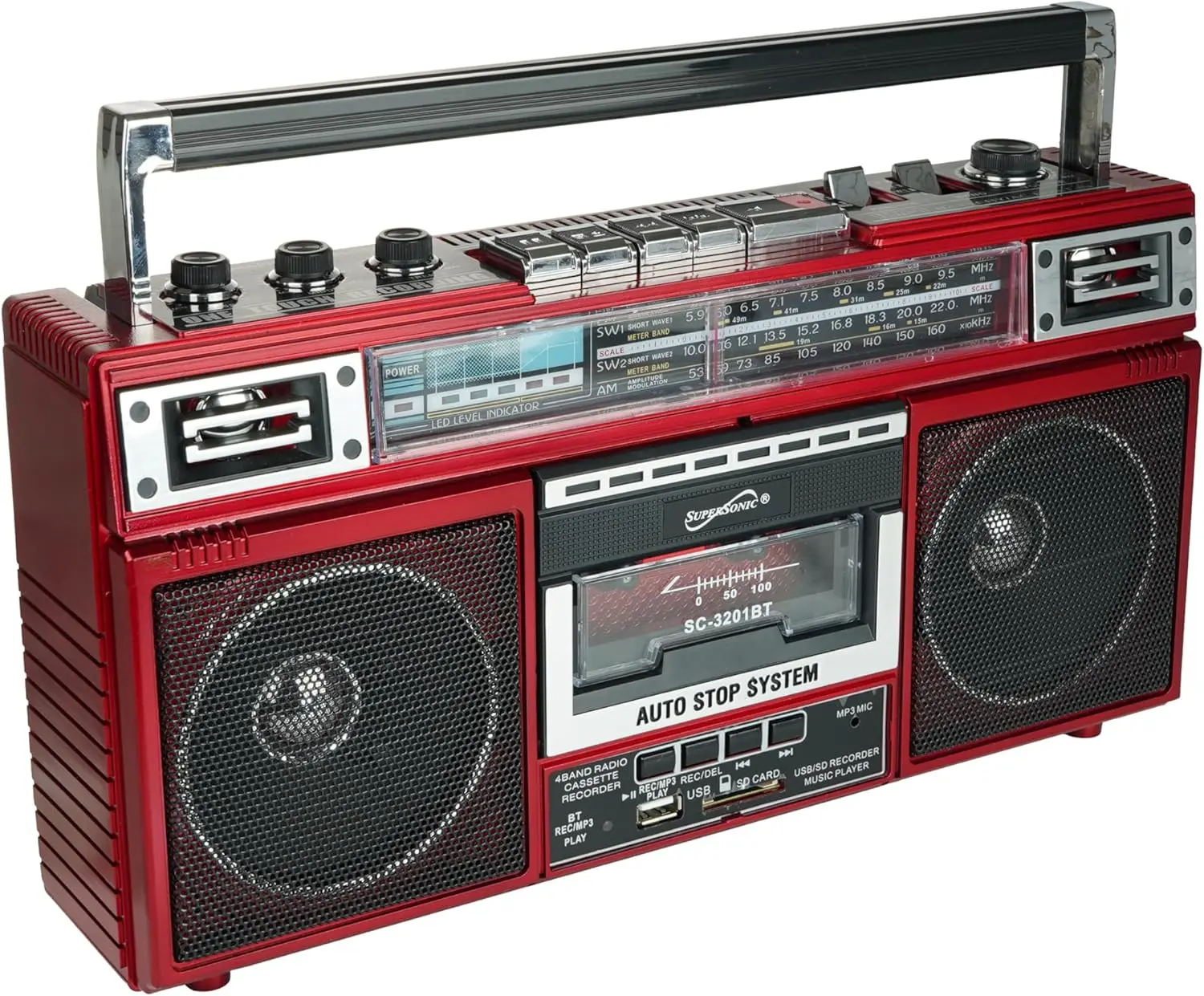 Supersonic SC-3201BT 4 Band Radio & Cassette Player Boombox Bluetooth Speaker AM FM SW Radio with MP3 Playback USB SD Red, Audio, Vintage