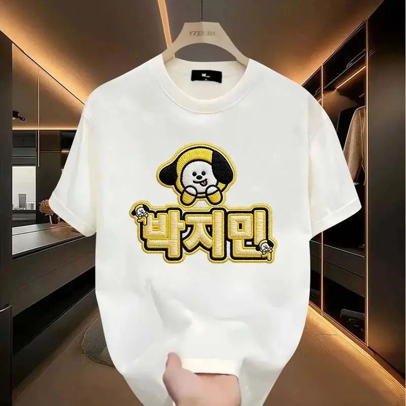 Jimin's cartoon printed T-shirt, simulation embroidery cute T-shirt (not real embroidery), cute, Korean, suitable for men, women, mothers and friends, couple style, fashionable and loose, youthful and energetic, men's daily wear top graphic tee