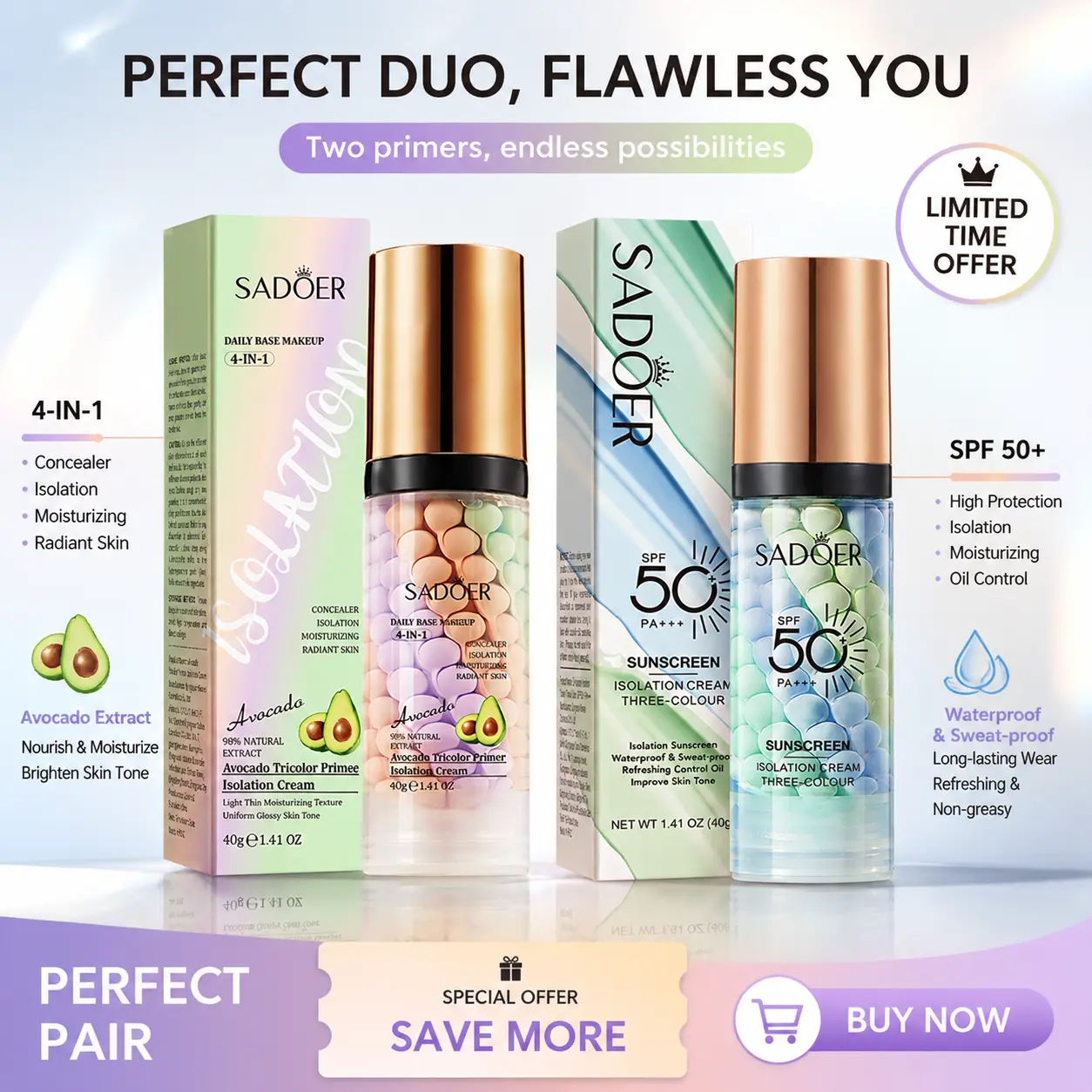 3-in-1 SPF 50 Sunscreen Primer Cream, Brightening Tone Up Base, Oil Control Waterproof Face Sunscreen for Daily Makeup
