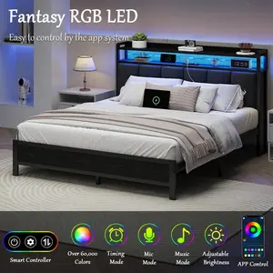 Twin/ Full/ Queen/ King Bed Frame With Storage Headboard, LED Bed Frame With Charging Station, Upholstered Platform Bed Frame With Heavy Duty Metal Slats, No Box Spring Needed, Easy Assembly, Black/ White/ Beige