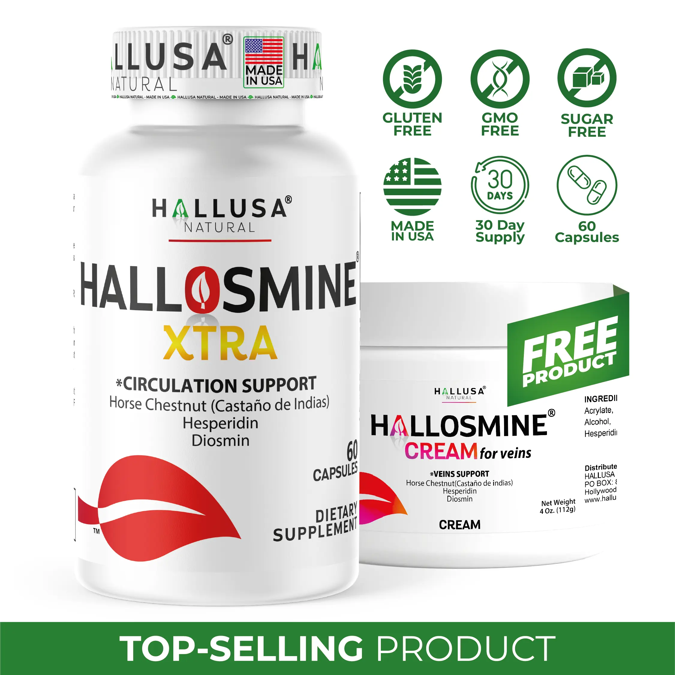 HALLUSA NATURAL HALLOSMINE XTRA x 60 Capsules + FREE HALLOSMINE CREAM – Vein & Circulation Support with Diosmin, Horse Chestnut & Hesperidin