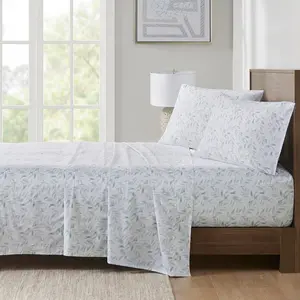 360 Stand Full Size Bed Printed Cotton Sheet Set, 200 Thread Count, 81x96x0.13 in, Breathable Printed Look Green Leaves Design, Full Size Mattress Compatible