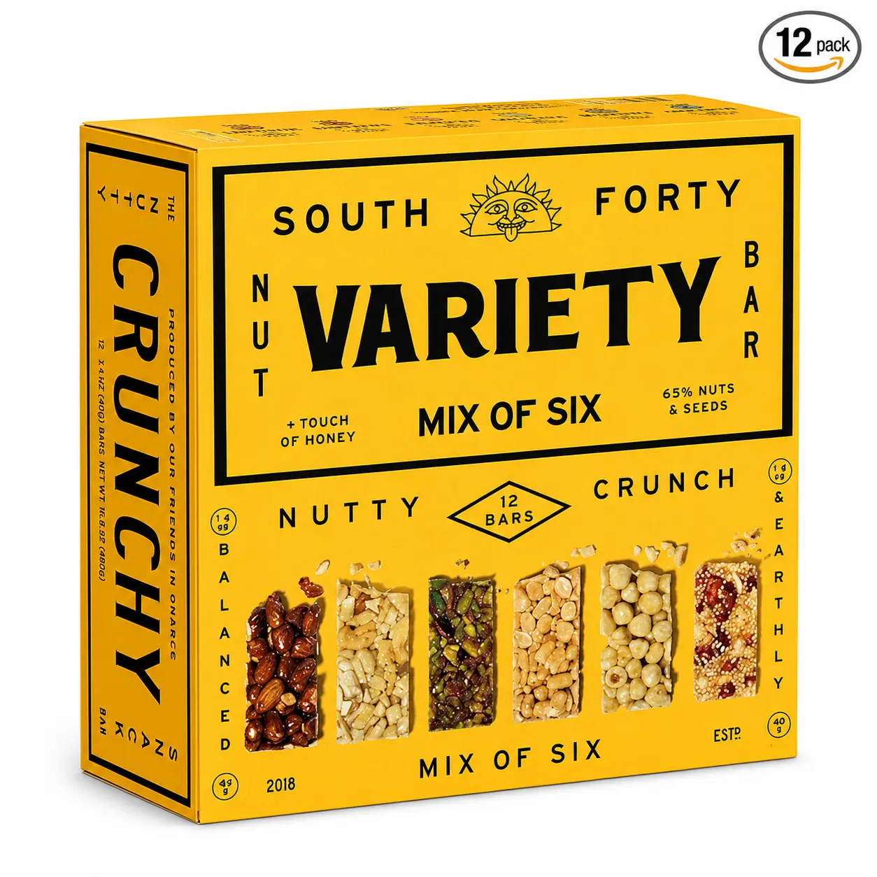 South Forty Snacks Crunchy Nut Bars Variety Pack of 12 | Mix of 6 Flavors | 40g Individually Wrapped Nut Bars