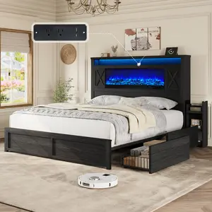 [Ships in 2 Boxes] AMERLIFE Bed Frame with Fireplace, Farmhouse Storage Platform Bed with 57" Headboard, Barn Door Cabinets, 4 Drawers & 2 Bedside Racks, RGB LED & Charging Station