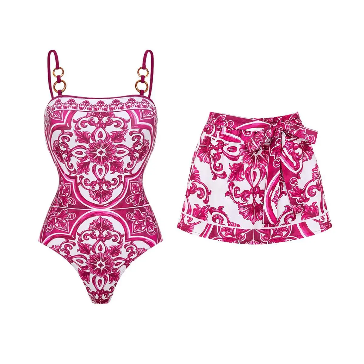FLAXMAKER Women's Classic Pink Majolica Print One Piece Swimsuit and Shorts Set Bathing Suit Adjustable Shoulder Straps Stylish Beachwear #Summervibes outdoorfun #SwimWeek tiktokshopbacktoschool
