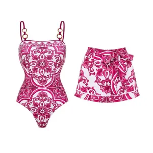 FLAXMAKER Women's Classic Pink Majolica Print One Piece Swimsuit and Shorts Set Bathing Suit Adjustable Shoulder Straps Stylish Beachwear #TikTokShopBlackFriday
