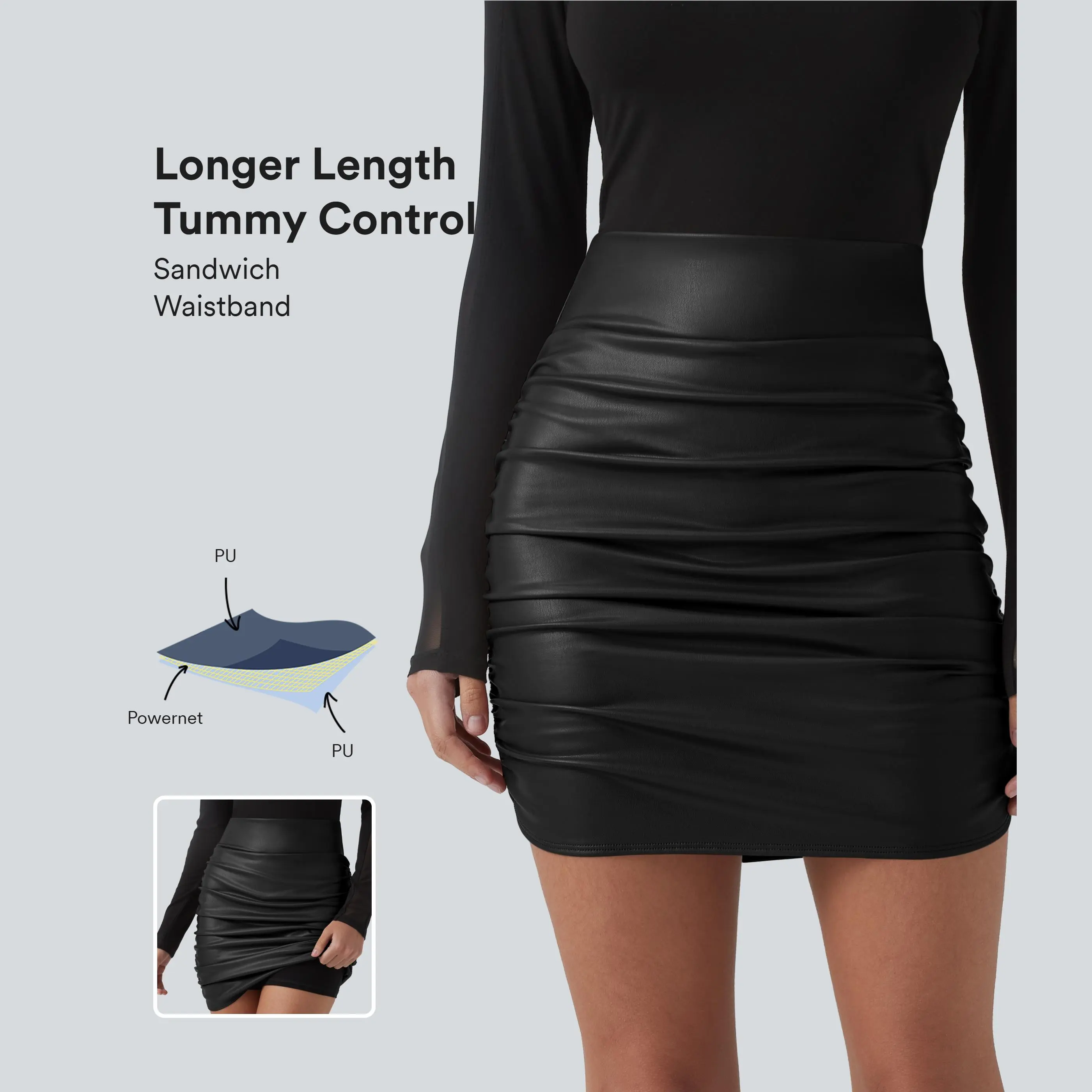Halara High Waisted Tummy Control Ruched Curved Hem 2-in-1 Fleece PU Mini Bodycon Party Skirt-Longer Length