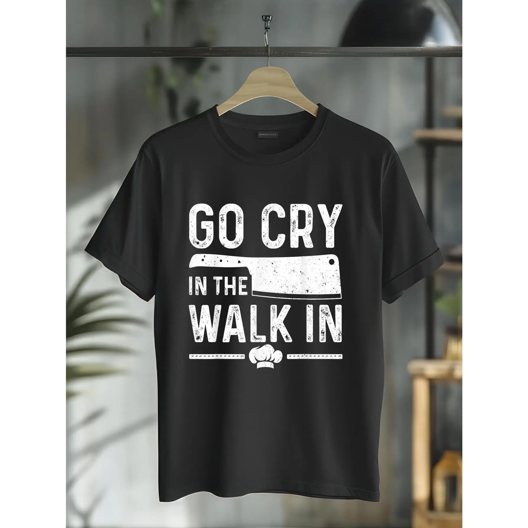 Funny "Go Cry In The Walk-In" Chef Graphic T-Shirt - 100% Cotton Regular Fit Short Sleeve Tee for Men & Women - Humorous Culinary Apparel with Distressed Print - Machine Washable Casual Shirt, Chef Themed Clothing | Playful Design, Chef Accessories