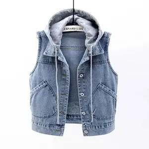 Sleeveless Jeans Jacket Women Korean Fashion Hooded Vests Jean Short Waistcoat Large Size Cotton Zipper Denim Vest Female
