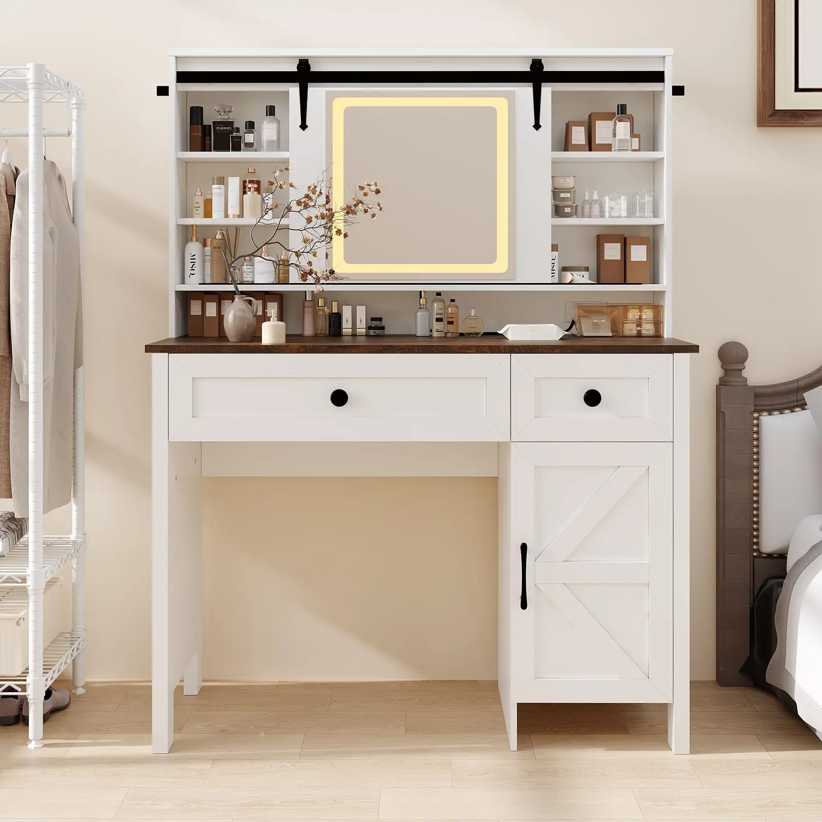 Modern Vanity Desk with LED Lighted Mirror, Charging Station & Power Outlet, 3 Drawers, Cabinet, Storage Stool & Shelves, Makeup Table for Bedroom - Perfect for Girls & Teens, Vanity With Lights, Dresser With Led, Light Up Makeup Vanities
