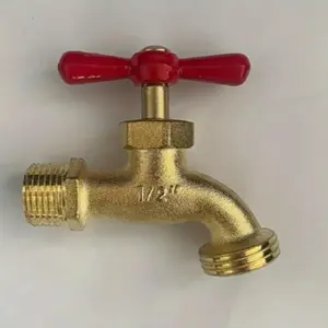 Durable Brass Outdoor Faucet with Handle, Freeze-Resistant, Easy Single Hole Installation, Modern Metal Garden Valve, Efficient Water Flow, Garden Hose Connector