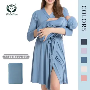 MilaMini Maternity Robe and Baby Receiving Blanket, Matching Mommy Labor Delivery Robe and Swaddle Set Denim blue,Plus Size S-XXL