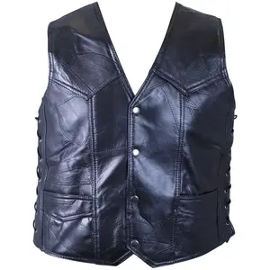2 212 MAIN Mens Sleeveless Embroidered Genuine Buffalo Leather Vest - Rock Design, Eagle Patch, Bike Use, Ties, Large Size, Menswear, Lace