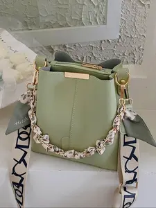 Valentine's Day gift, exquisite and thoughtful! Light colored bucket diagonal cross bag for women, simple yet versatile, decorated with chain scarves to display elegant temperament, suitable for date, Casual Handbag Satchel, Fashionable Bucket Bag