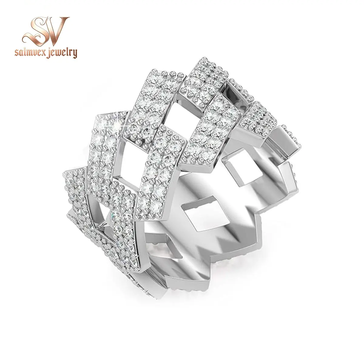 Salmvex Jewelry 2-Row Cuban Link Ring Round VVS Synthetic Moissanite Ring Band S925 For Men Christmas Gift