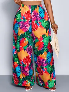 Women's Plus Size Casual Boho Floral Plant All over Print Wide Leg Pants, Elastic Waist Long Regular Fit, Daily Commute Style, All Seasons Clothing Bottoms