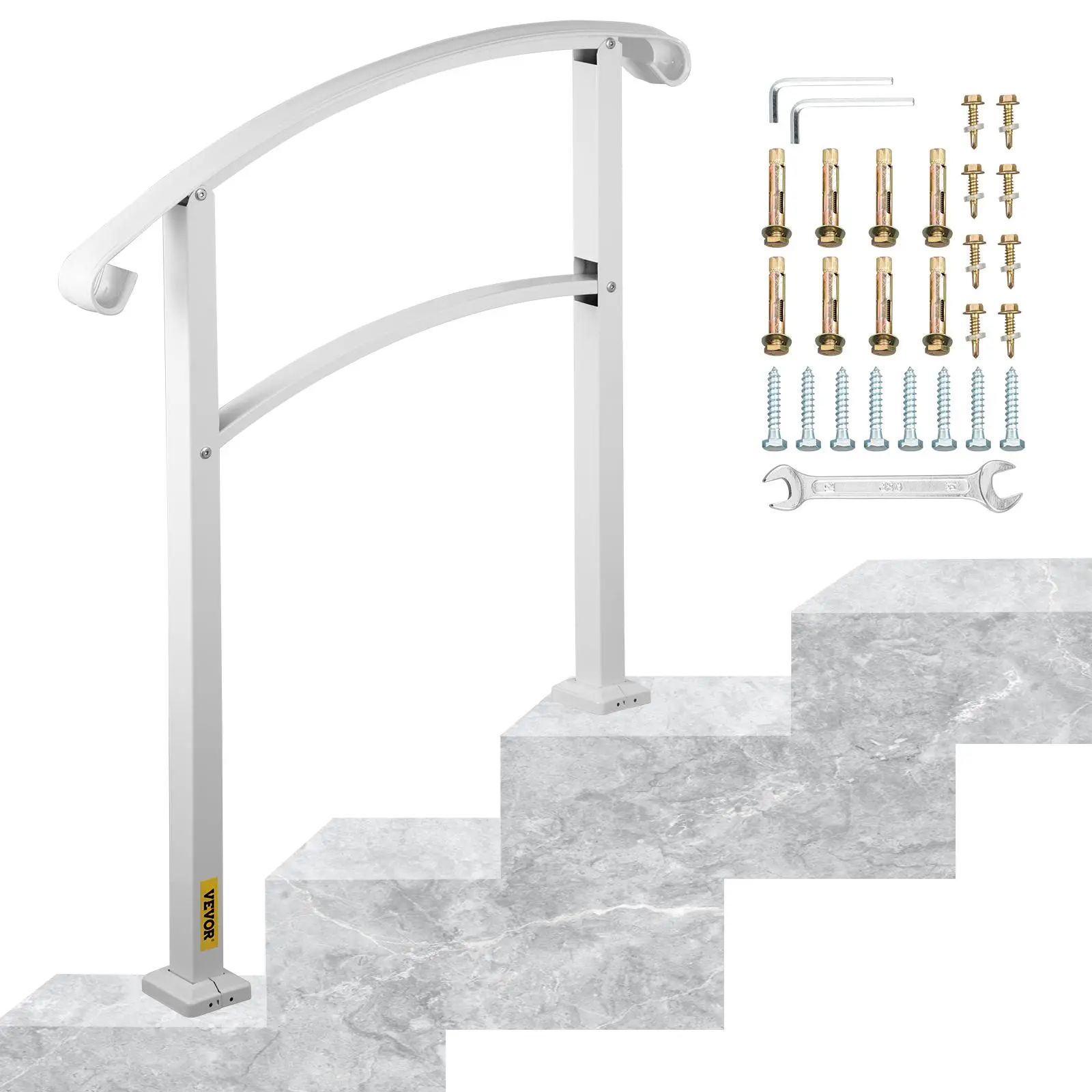 【Summerfinds】VEVOR 3-Step Handrails for Outdoor Steps Fits 1 or 3 Steps Matte White Stair Rail Wrought Iron Handrail with Installation Kit Hand Rails for Outdoor Step