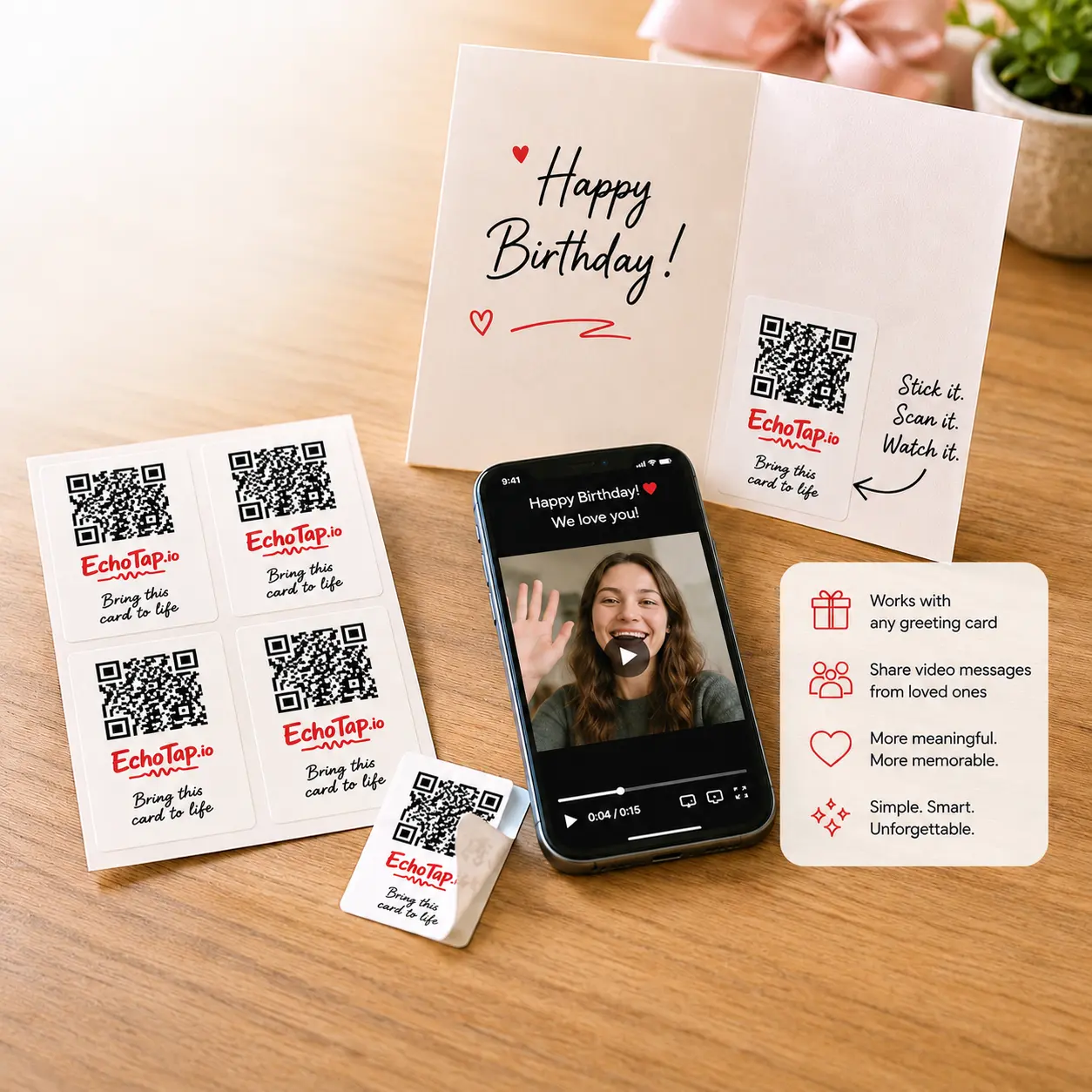EchoTap Greeting Card 4 Pack QR Code Sticker. Unlock Videos From Loved Ones On Your Phone