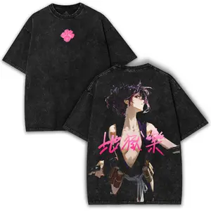 Yuzuriha Hell’s Paradise Oversized Vintage Tee with Stunning Back Girl Ninja Art & Pink Kanji Lettering | Viral Anime Streetwear Drop