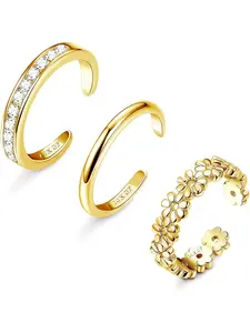 3PCS 14K Gold Filled Toe Rings for Women Adjustable Gold Toe Ring Set Open Band Simple CZ Daisy Flower Toe Rings Hawaiian Summer Beach Foot Jewelry for Women
