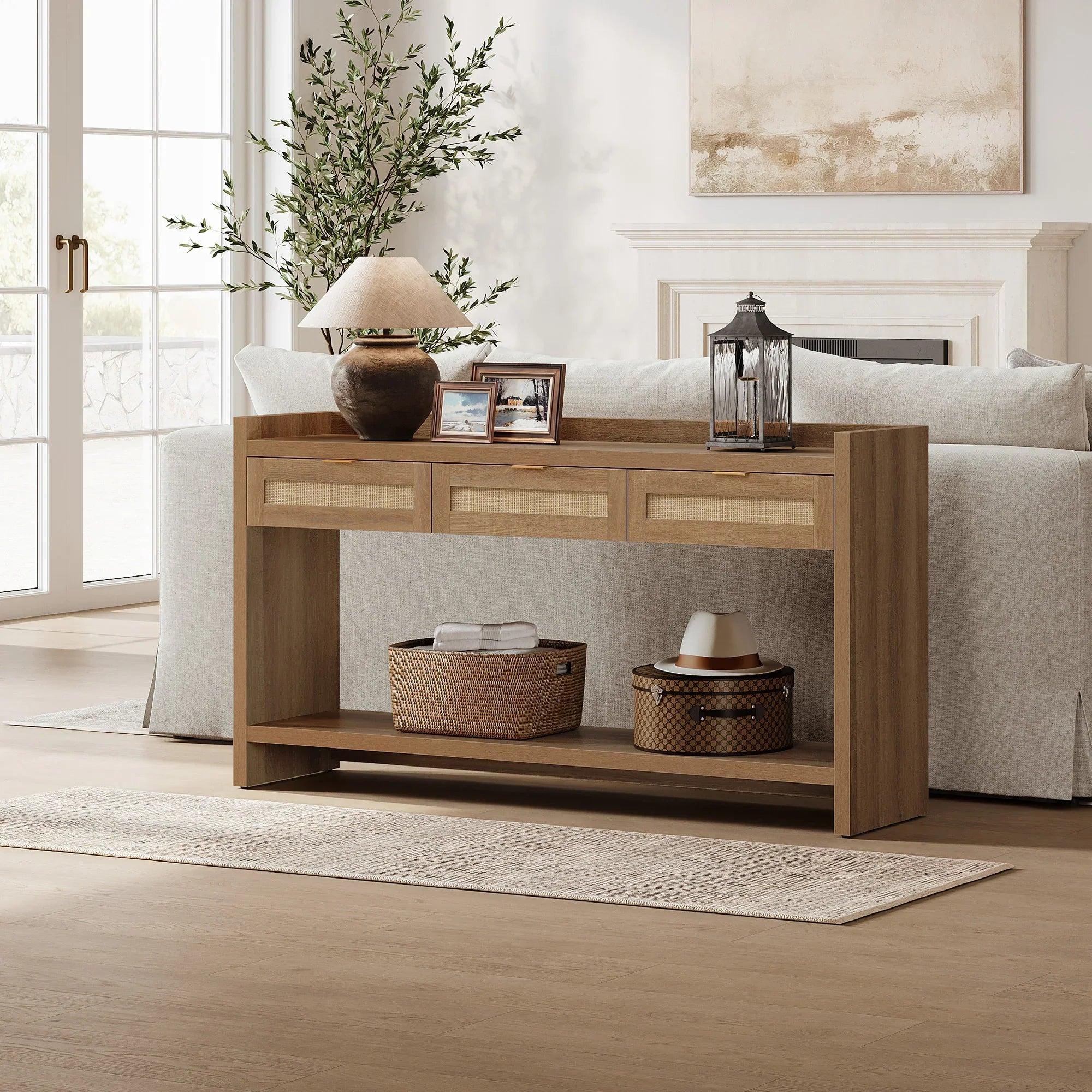 SICOTAS 60" Rattan Console Table for Entryway - Farmhouse Entry Table Sofa Table with 3 Drawers, Narrow TV Console Table with Storage for Living Room, Hallway, Couch